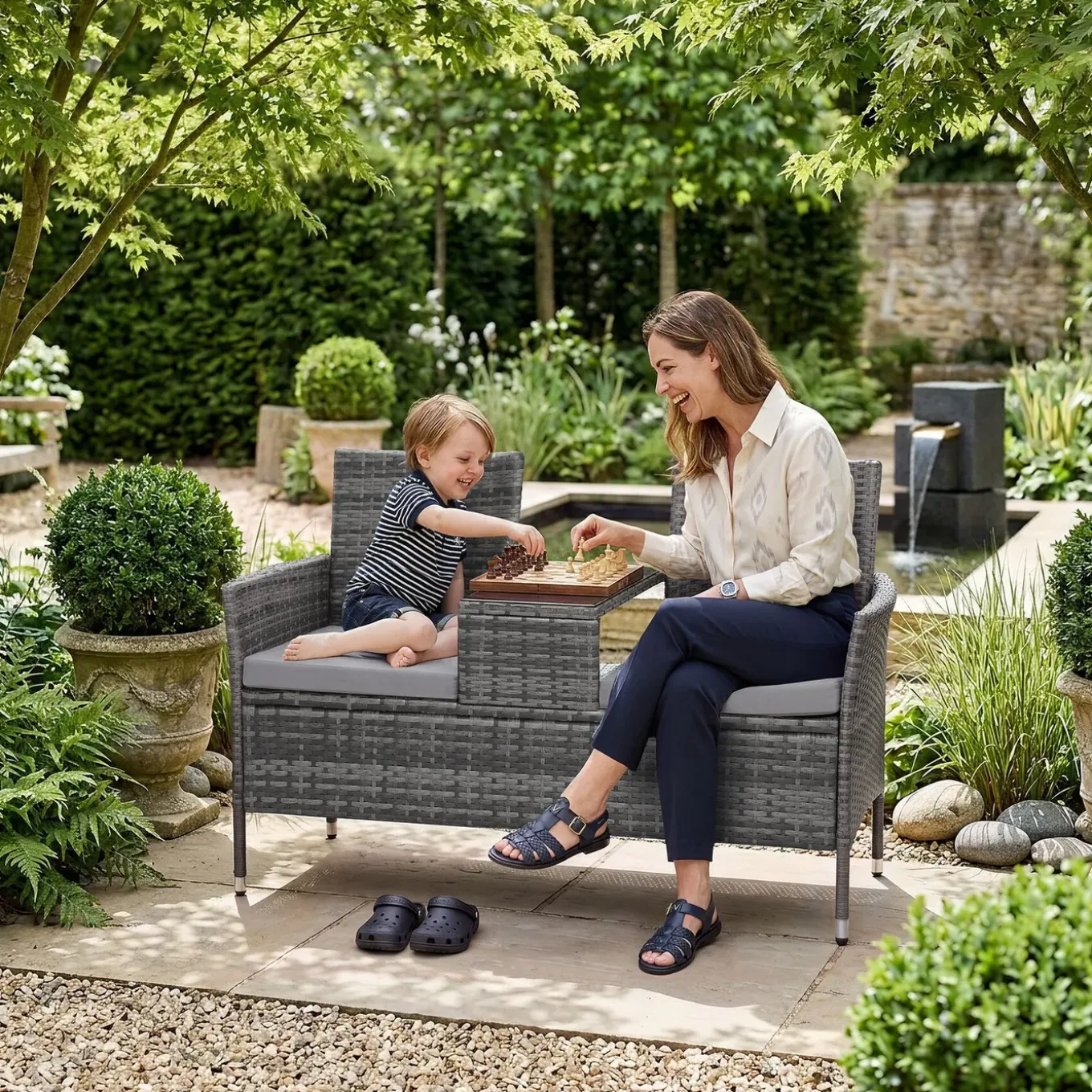 Tectake Wicker Tuinbank Met Tafel - Grijs/lichtgrijs