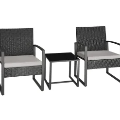 Tectake Wicker Zitgroep Lichtgrijs Zwart Loungeset 2 Personen Afneembare Kussens Tafel Glas