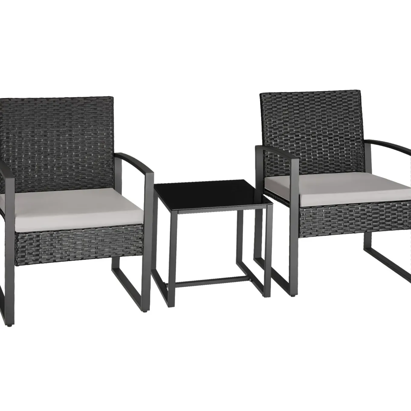 Tectake Wicker Zitgroep Lichtgrijs Zwart Loungeset 2 Personen Afneembare Kussens Tafel Glas