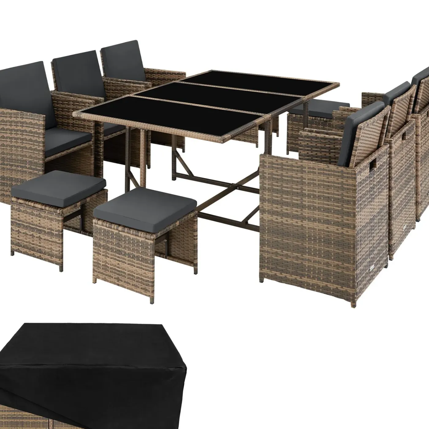 Tectake Wicker Zitgroep - Natuur - Inclusief Beschermhoes - Modulaire Buitenmeubelen