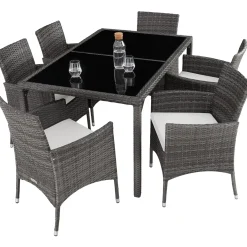 Tectake Wicker Zitgroep Porto 6+1 Met Beschermhoes - 6 Personen - Weerbestendig - Grijs/wit