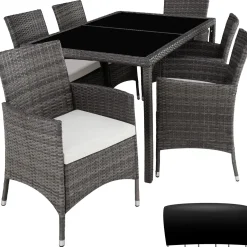 Tectake Wicker Zitgroep Porto 6+1 Met Beschermhoes - 6 Personen - Weerbestendig - Grijs/wit