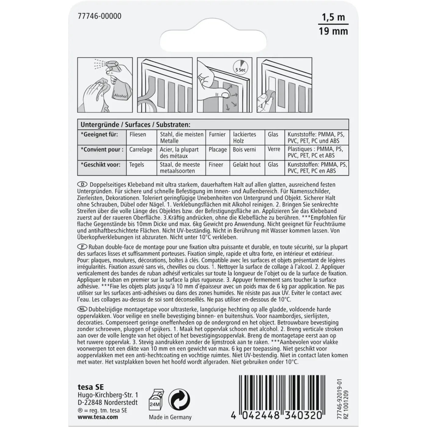 Tesa Montageband Powerbond - Binnen - Transparant - 1,5m x 19mm