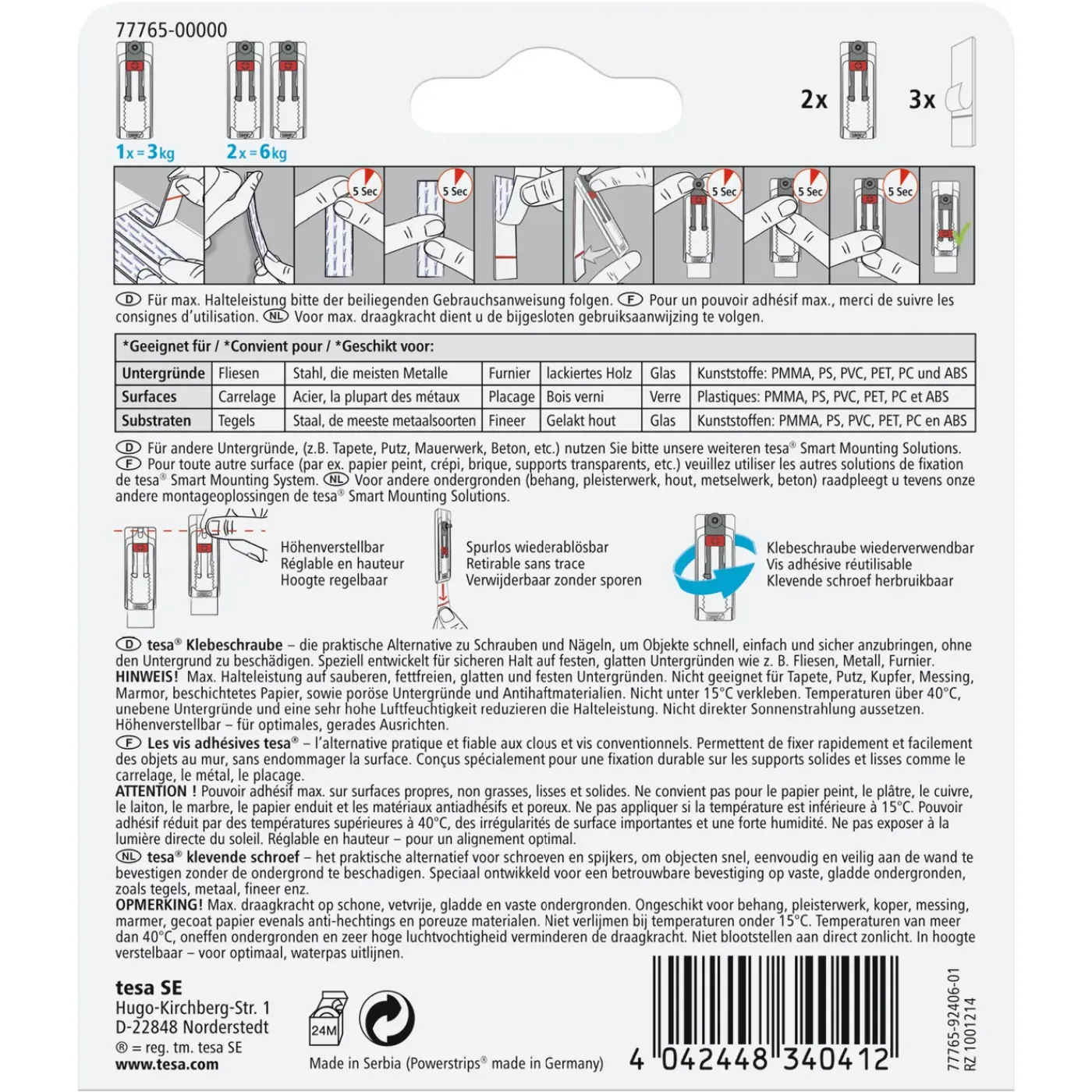 Tesa Plakhaakjes zonder nagel Powerstrips 77765 - voor tegels & metaal - 3kg - wit - 2 stuks