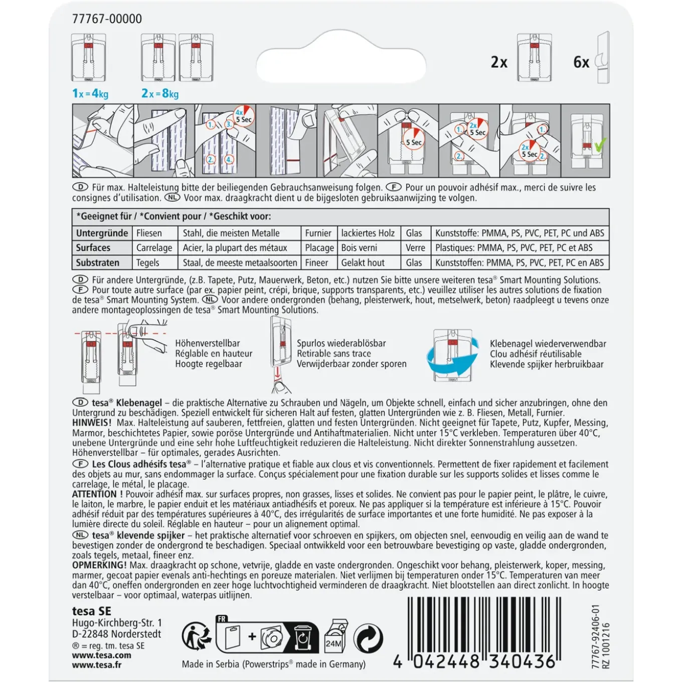 Tesa Plakhaakje zonder nagel Powerstrips 77767 - voor tegels & metaal - 4kg