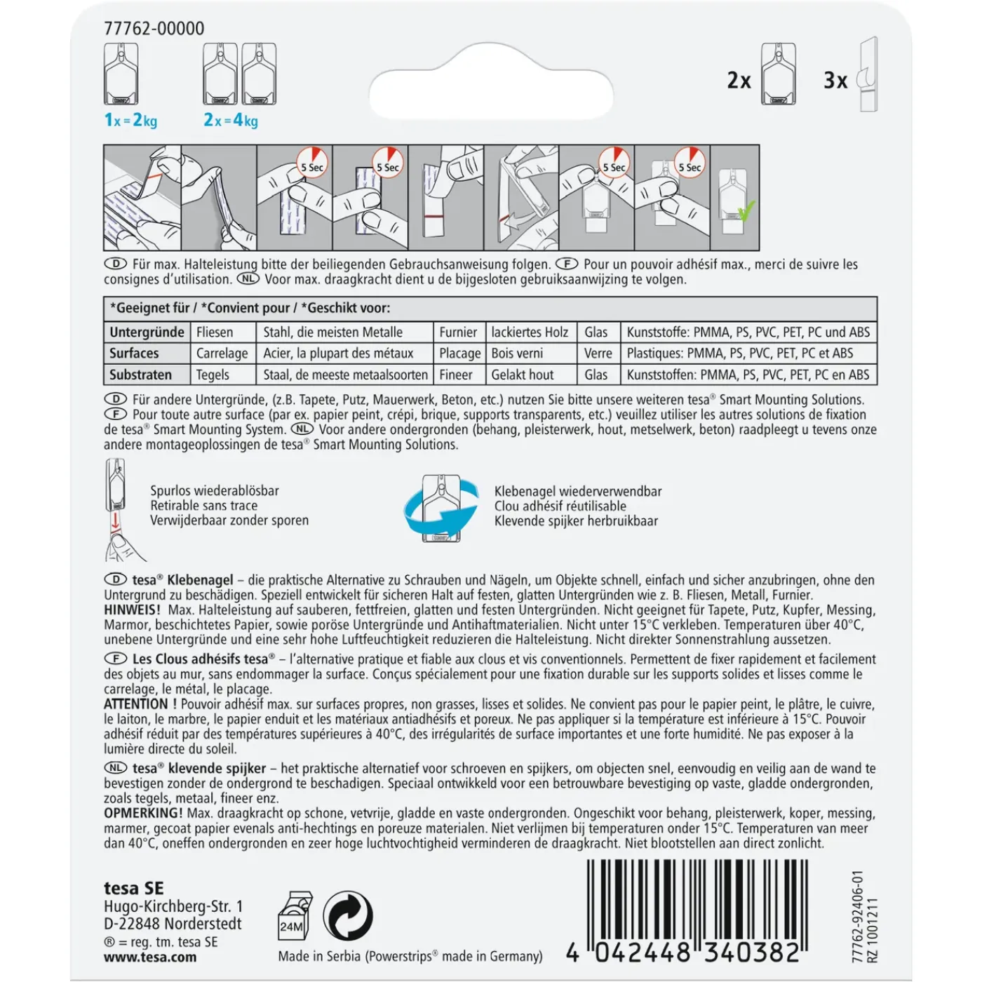 Tesa Powerstrips klevende spijker 77762 voor tegels en metaal 2kg 2 stuks
