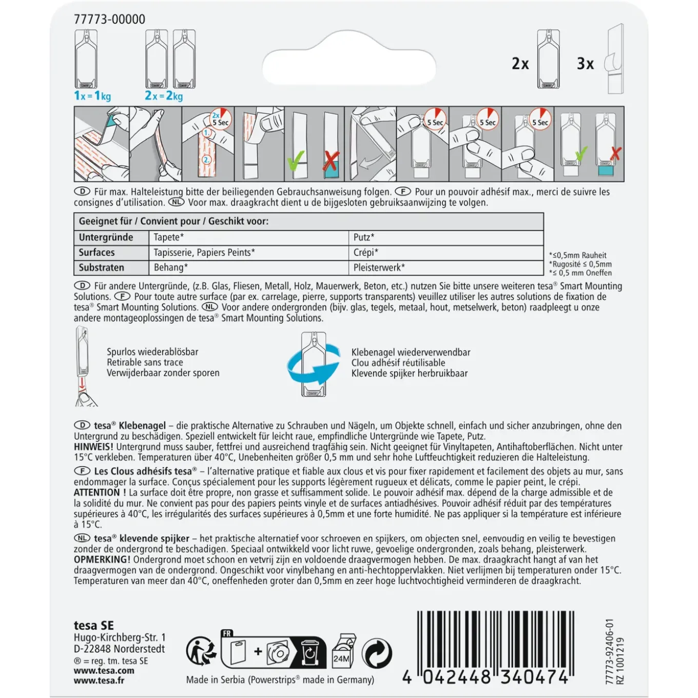 Tesa Powerstrips klevende spijker 77773 voor behang en pleisterwerk 1kg 2 stuks