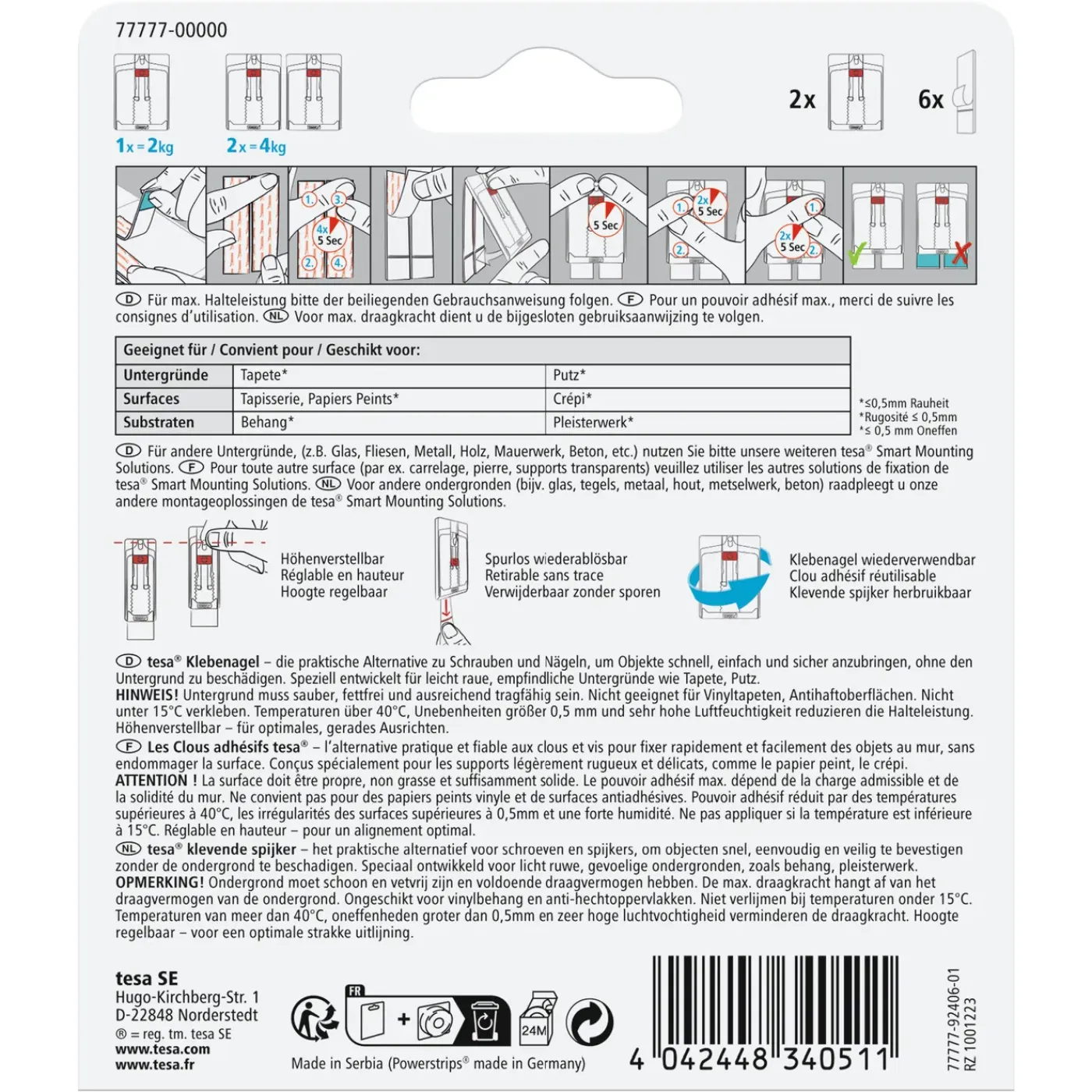 Tesa Powerstrips Verstelbareklevende spijker 77777 Behang & Gips 2kg