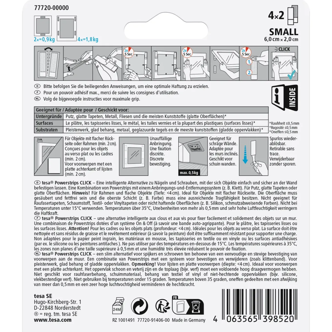 Tesa zelfklevende strip Powerstrips CLICK Combo 4x2 stuks Small