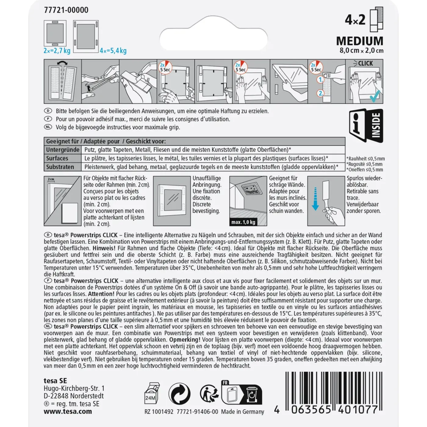 Tesa zelfklevende strip Powerstrips CLICK Combo 4x2 stuks Medium