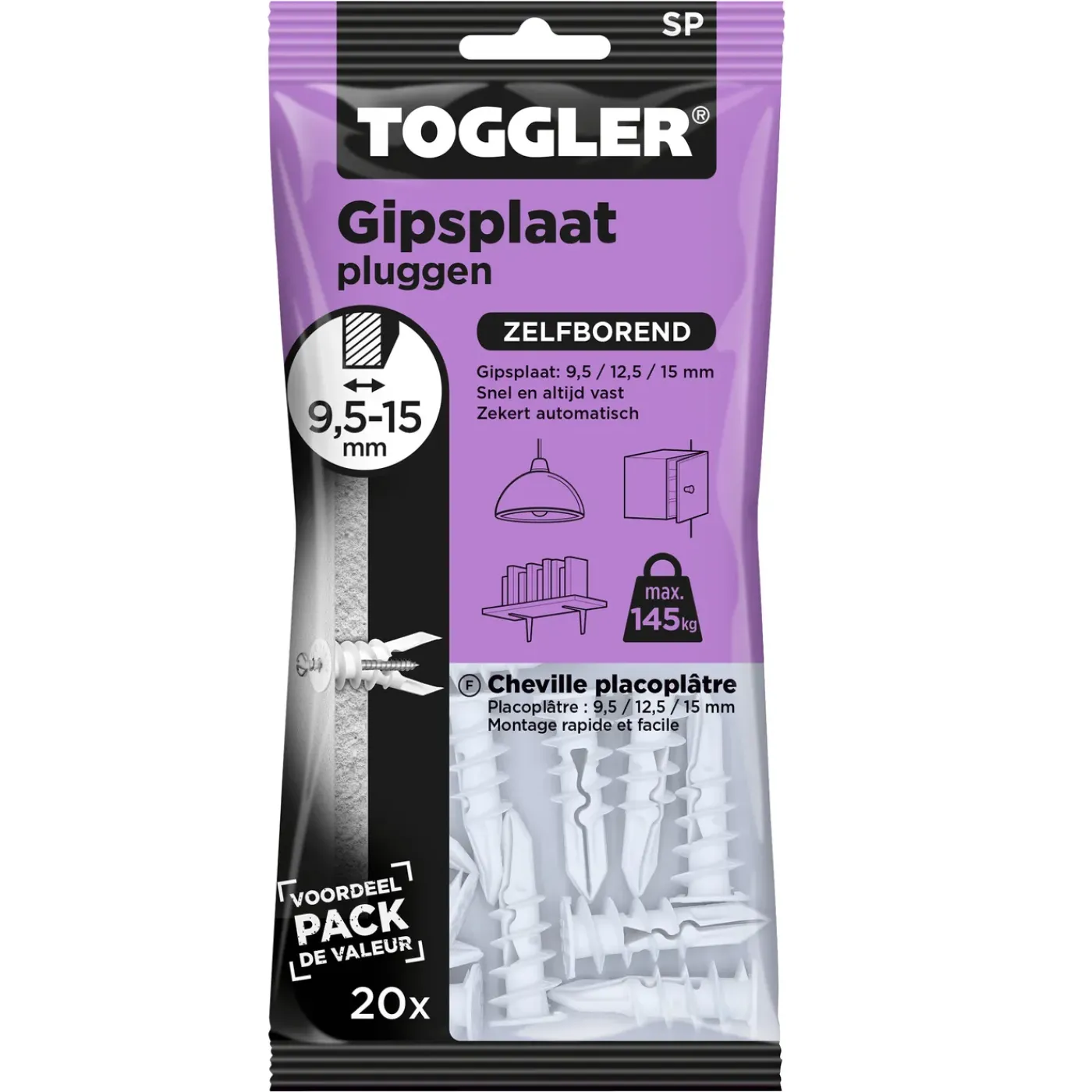 Toggler gipsplaatplug SP kunststof - diam. 8mm - 20 stuks