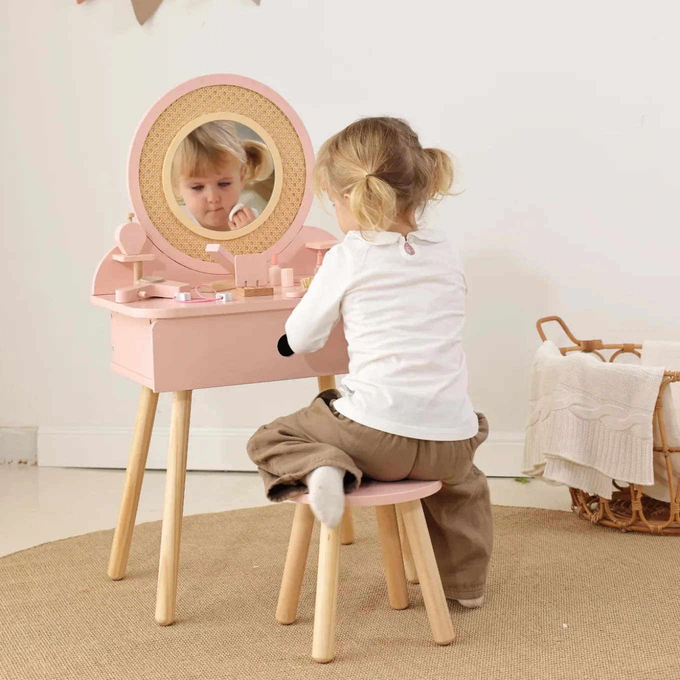 Tooky Toy Houten Kaptafel Voor Kinderen In Rotanlook- 50,5 X 38 X 87 Cm
