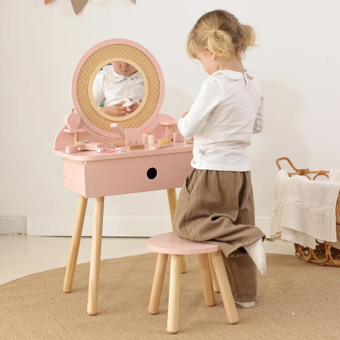 Tooky Toy Houten Kaptafel Voor Kinderen In Rotanlook- 50,5 X 38 X 87 Cm