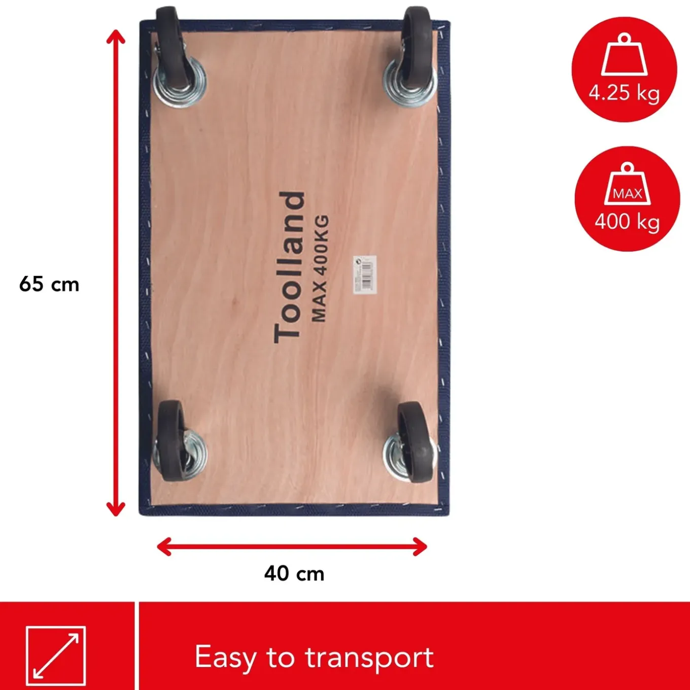 Toolland Meubelroller, 400 Kg Transporthulp, Houten Platform 65 X 40 Cm 400 Kg, Blauw,zwart, Triplex