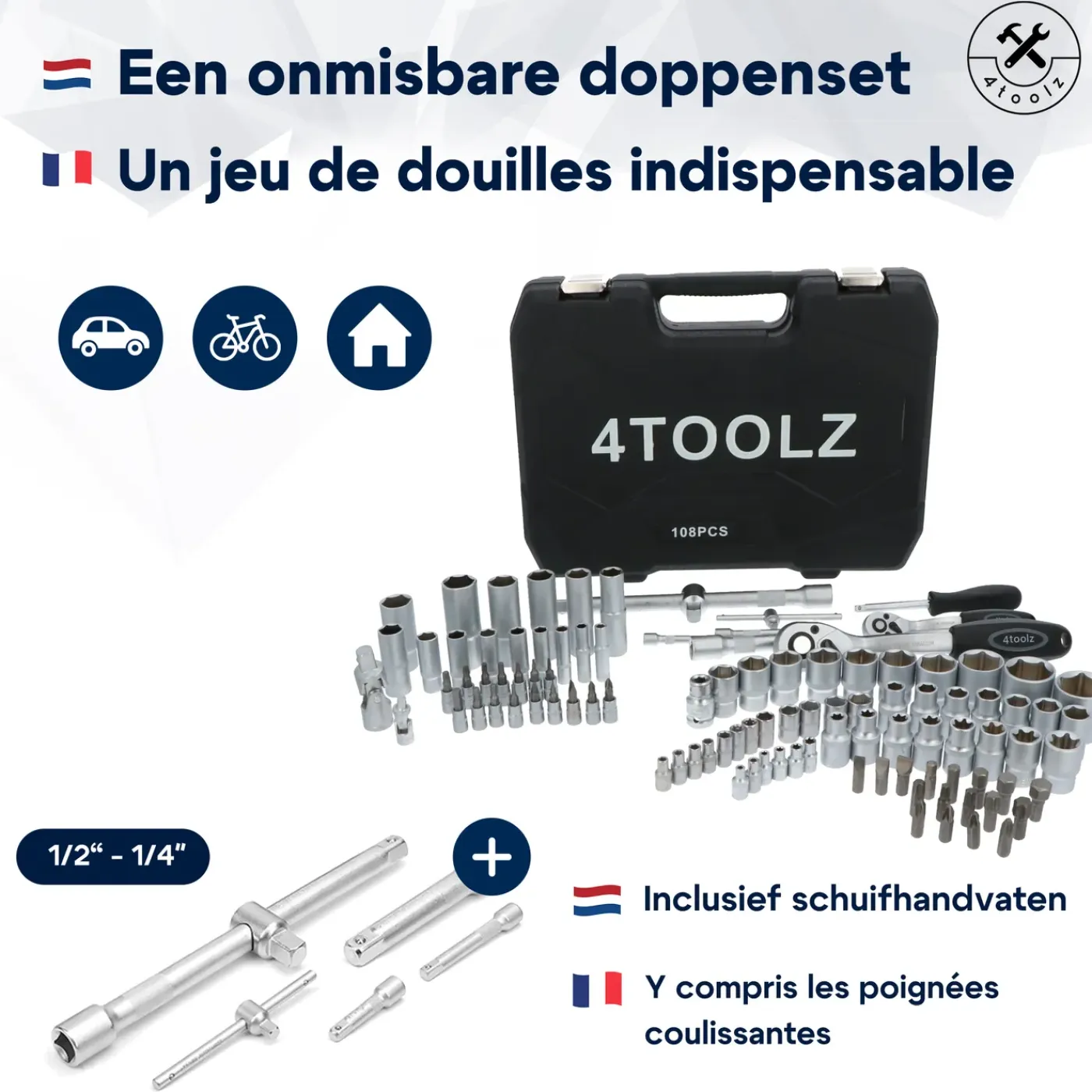 4toolz Doppenset 108-delig In Koffer - 72 Tands Ratels 1/2" En 1/4'' Dop En Bits
