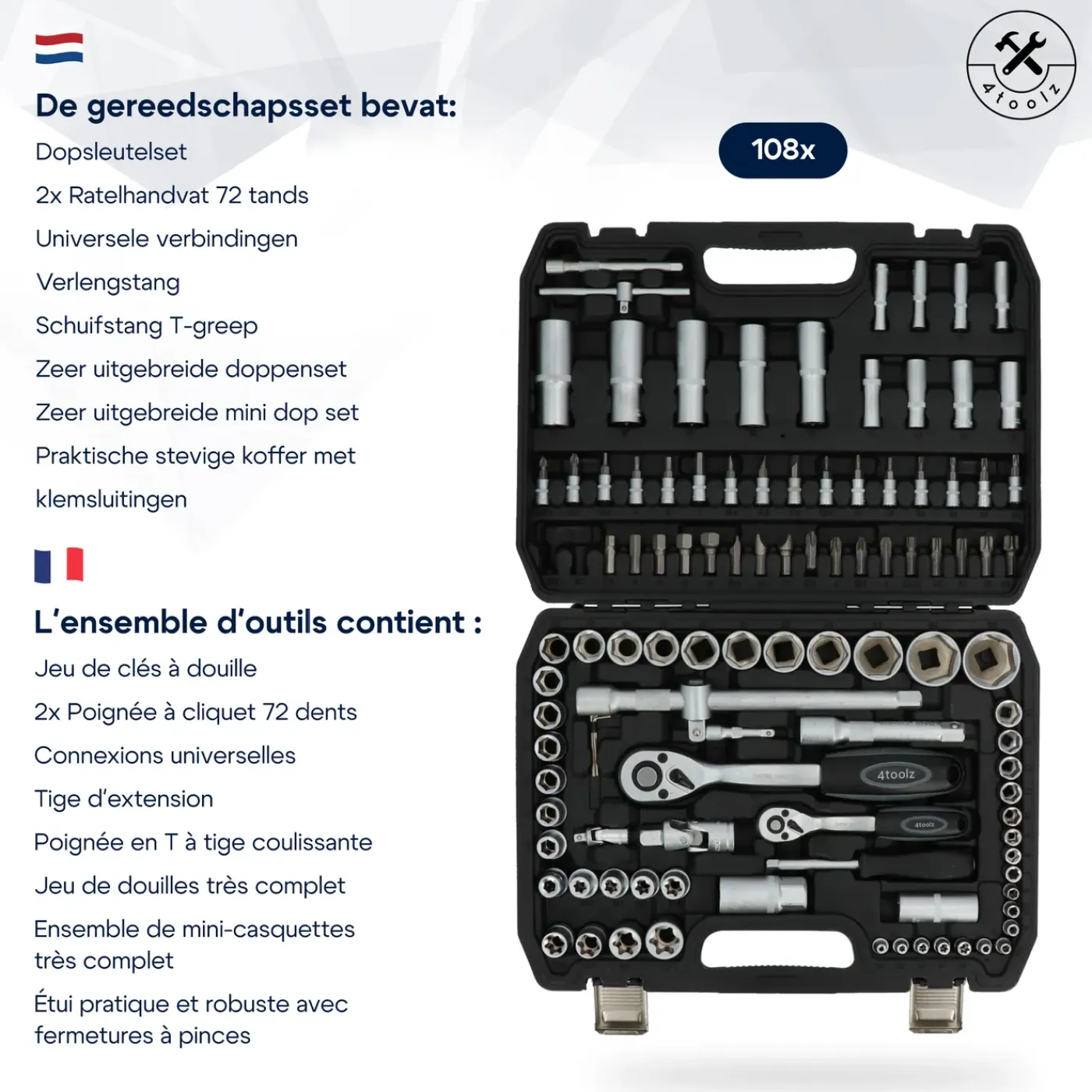 4toolz Doppenset 108-delig In Koffer - 72 Tands Ratels 1/2" En 1/4'' Dop En Bits