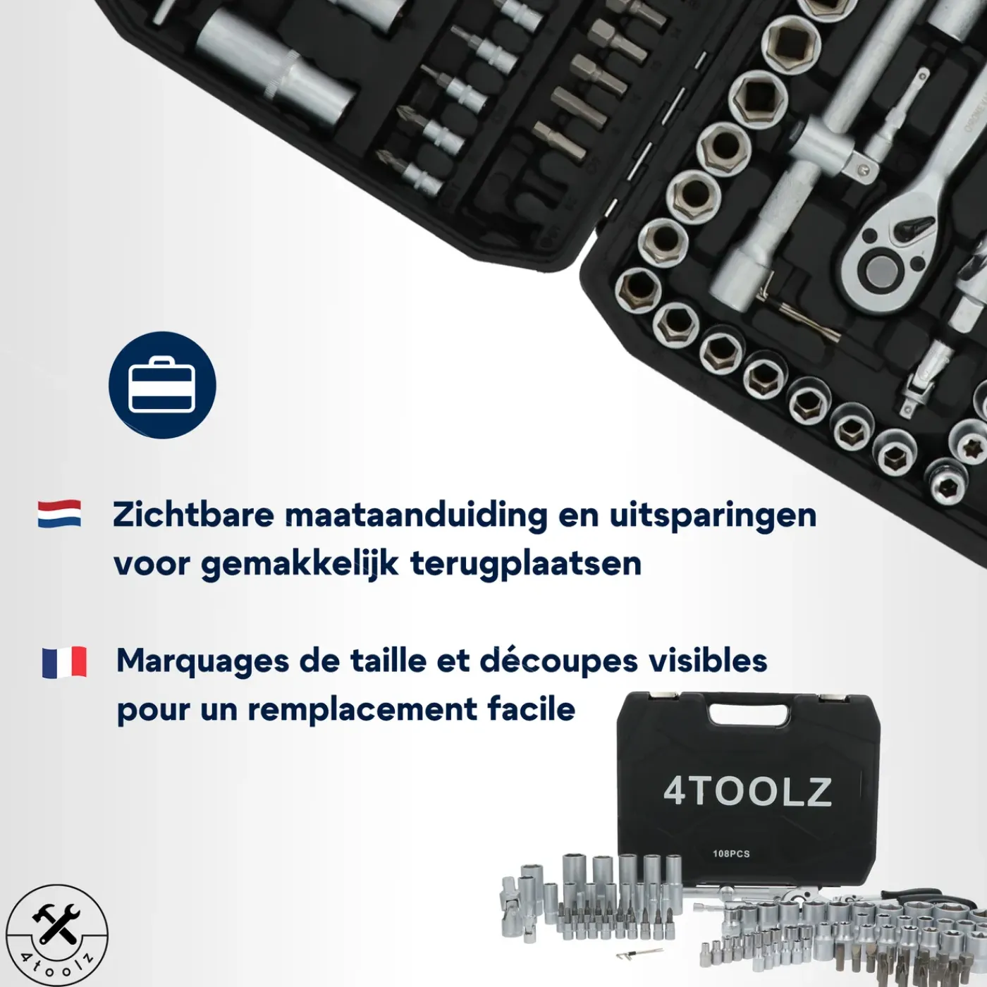 4toolz Doppenset 108-delig In Koffer - 72 Tands Ratels 1/2" En 1/4'' Dop En Bits