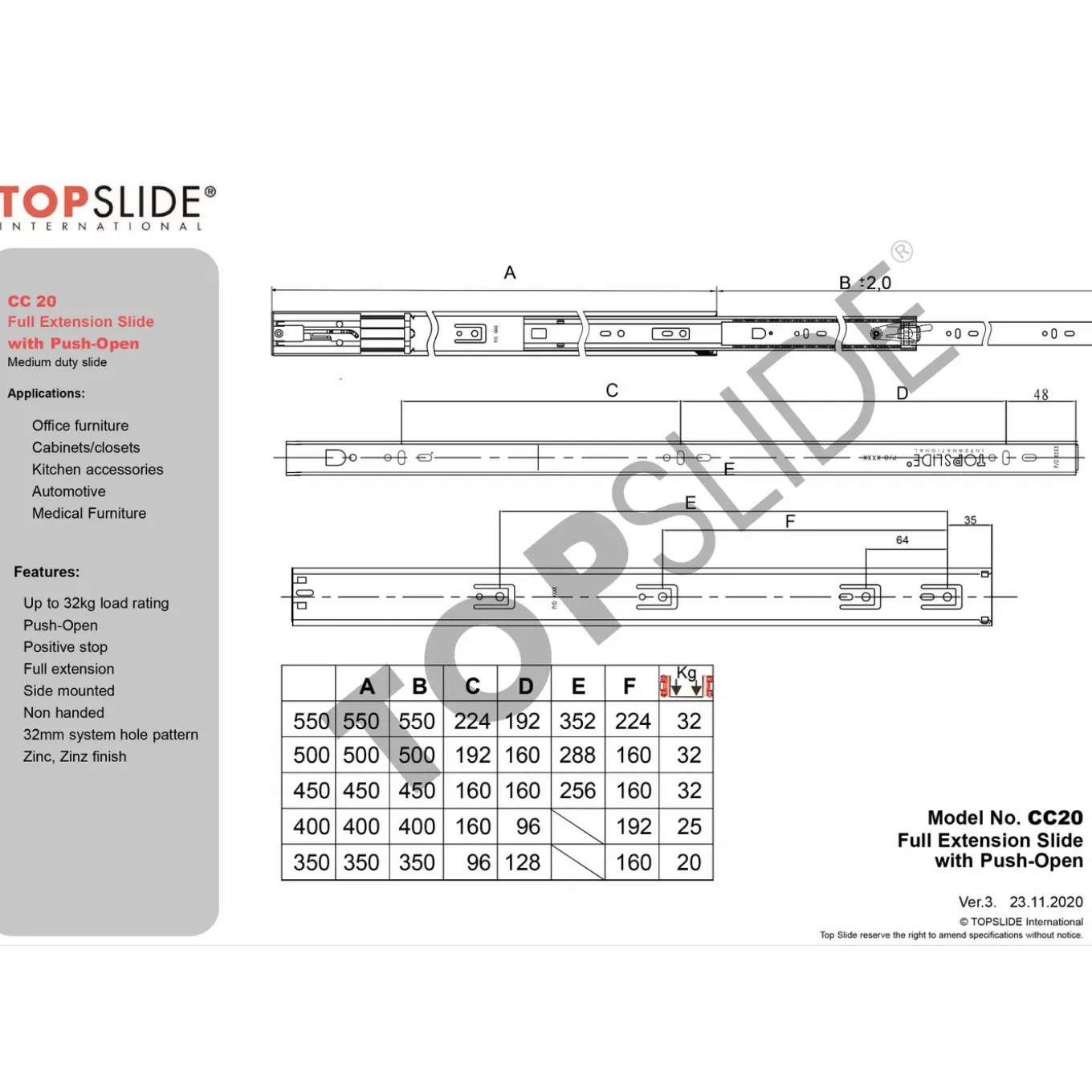 Topslide Ladegeleider Cc20 - 600 Mm - Draagkracht Tot 45 Kg - Met Push To Open
