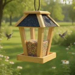 Tuintoppers Vogelvoederhuis Hangend Met Bitumen Dak En Ophangkoord – Naturel Eiken Kleur