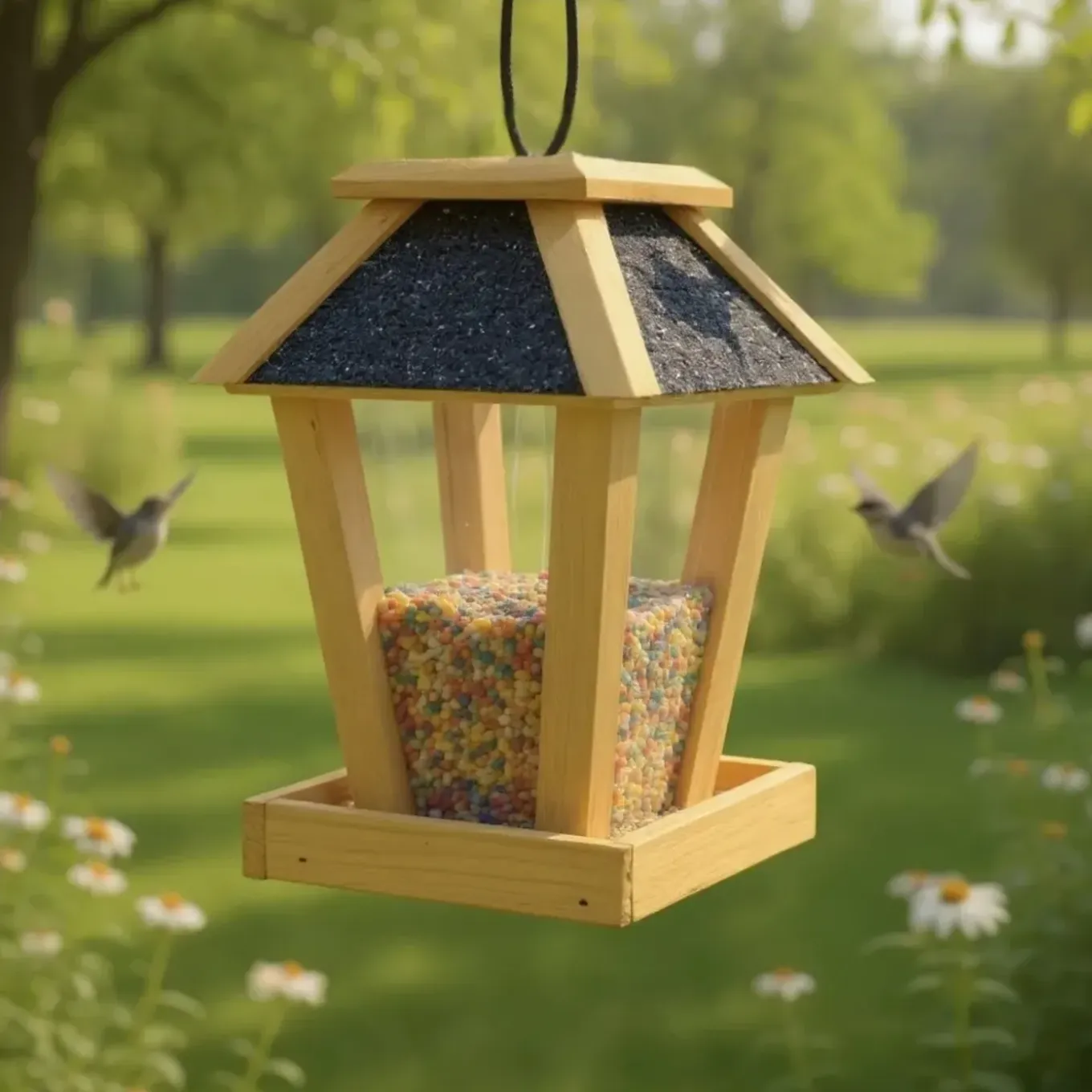 Tuintoppers Vogelvoederhuis Hangend Met Bitumen Dak En Ophangkoord – Naturel Eiken Kleur