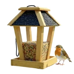 Tuintoppers Vogelvoederhuis Hangend Met Bitumen Dak En Ophangkoord – Naturel Eiken Kleur
