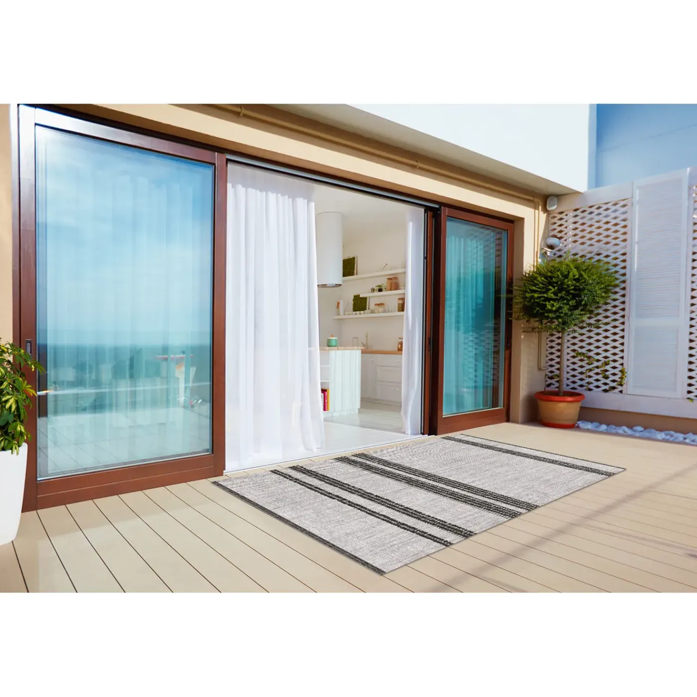Tulup - Buitenkleed Balkon - Grijze Lijnen - Rood - 60x90 Cm - Tapijt Voor Buiten