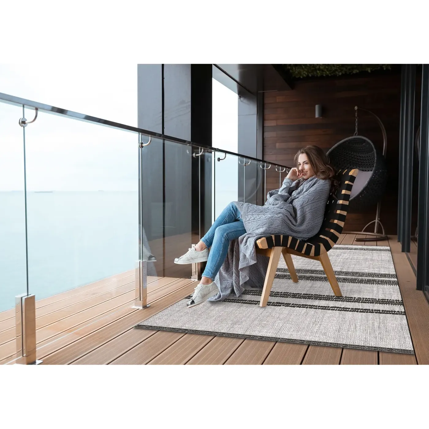 Tulup - Buitenkleed Balkon - Grijze Lijnen - Rood - 60x90 Cm - Tapijt Voor Buiten