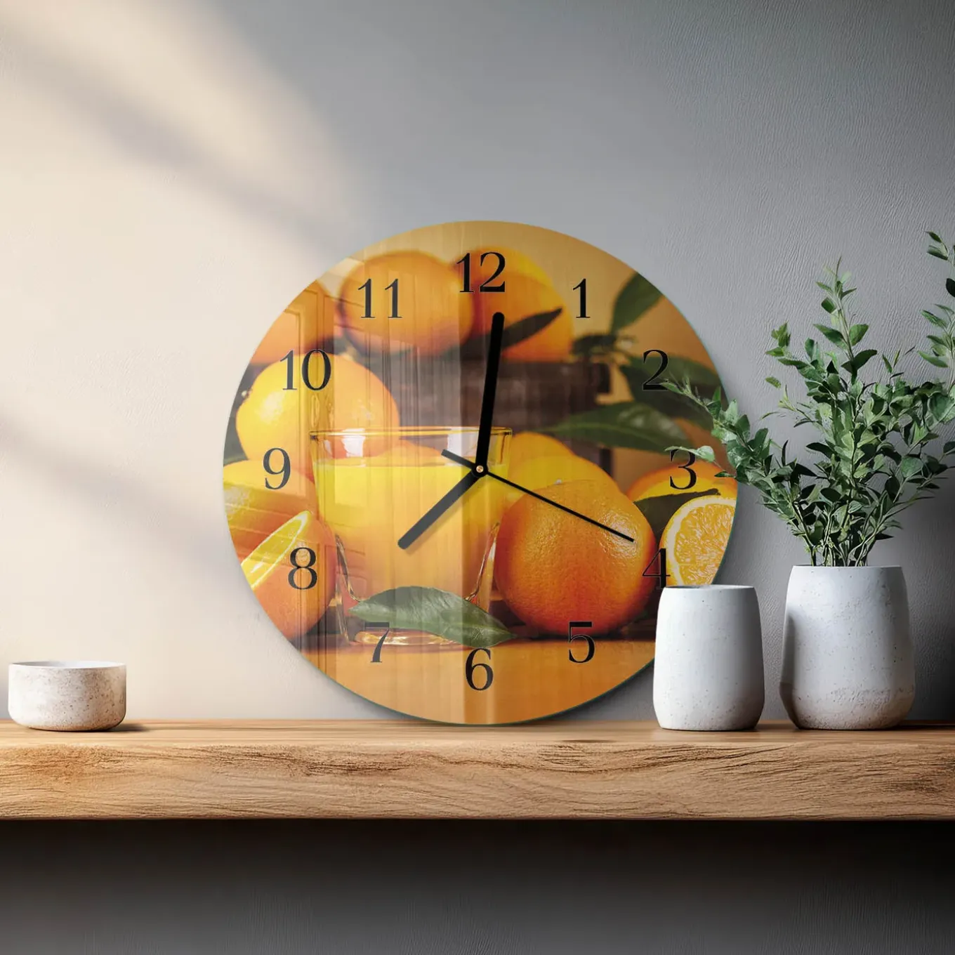 Tulup - Decoratieve Glazen Klok - Ronde - Sinaasappels - Oranje - 30 - Zwarte Handen