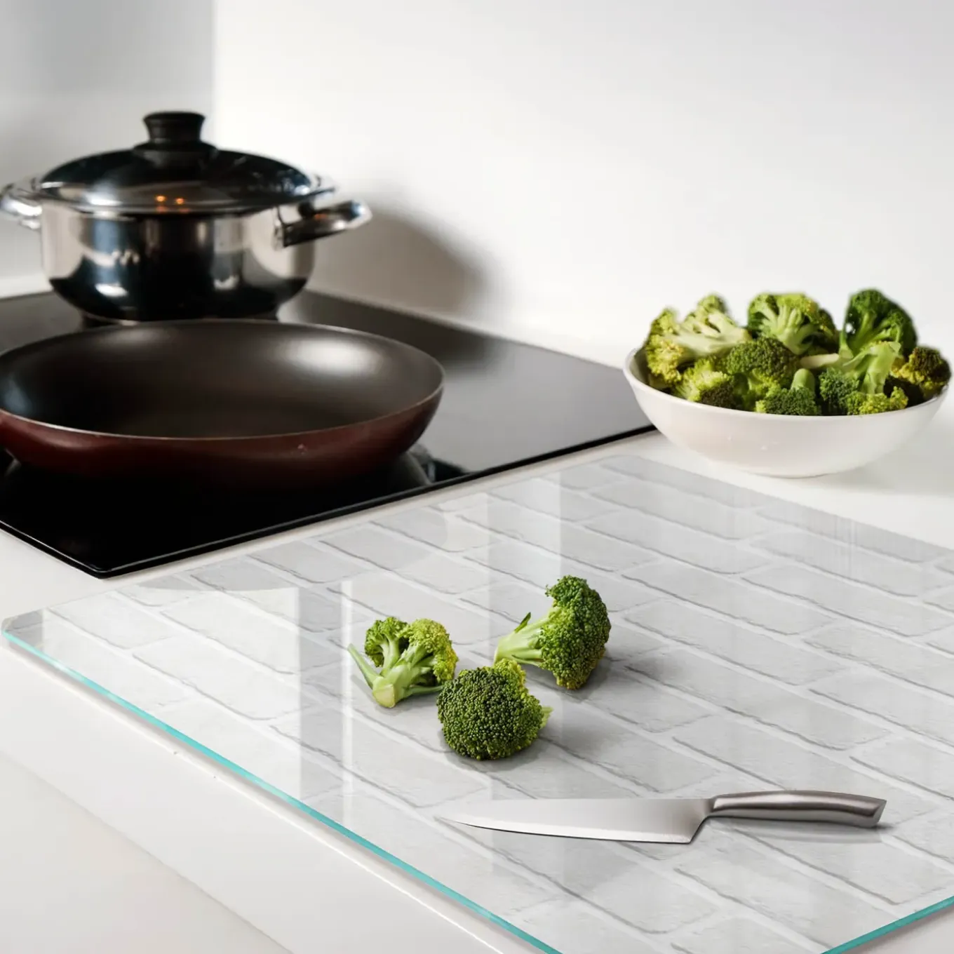 Tulup - Glas Snijplank - Bakstenen Muur - Wit - 60x52 Cm - Antislip Dienblad - Broodplankjes