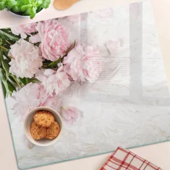 Tulup - Glas Snijplank - Pioenrozen - Roze - 60x52 Cm - Antislip Dienblad - Broodplankjes