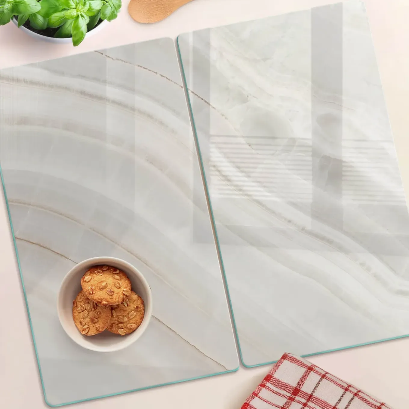 Tulup - Glazen Snijplankenset - Marmertextuur - Beige - 2 St 30x52 Cm - Keukenbenodigdheden