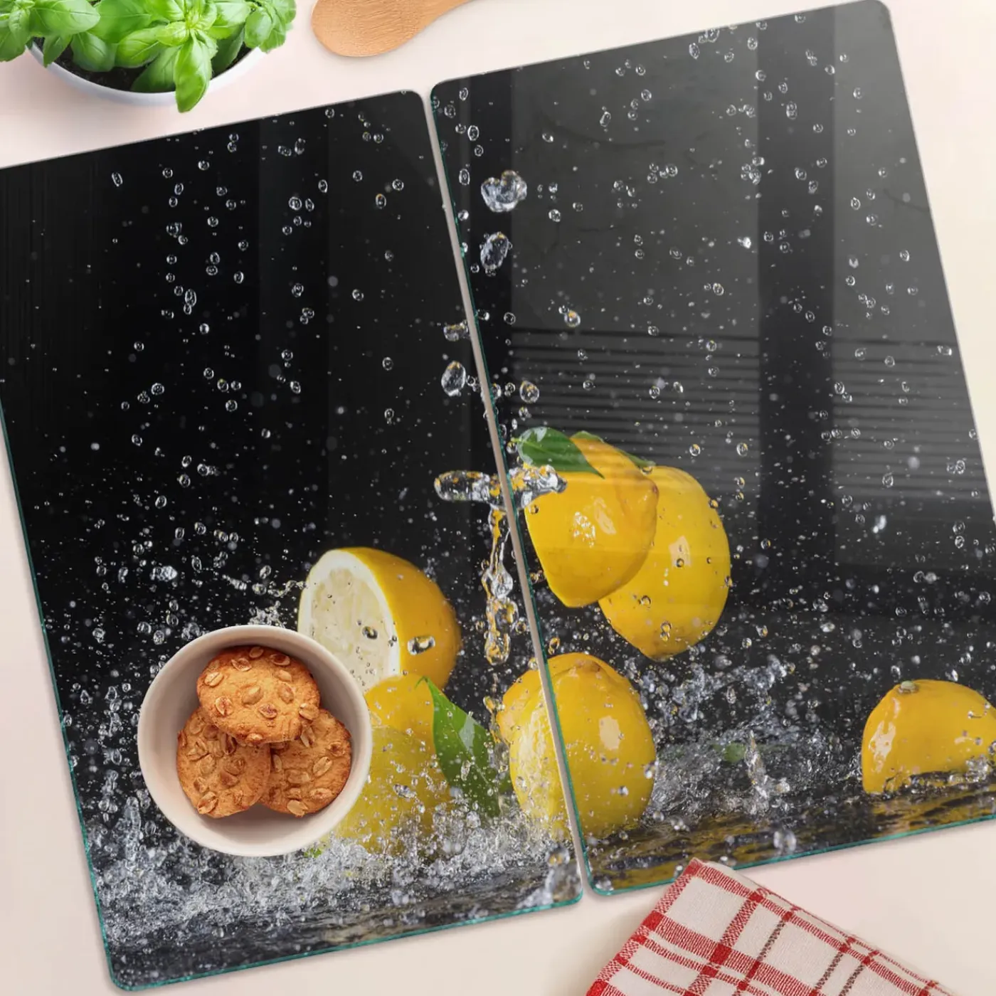 Tulup - Glazen Snijplankenset - Citroenen En Water - Geel - 2 St 30x52 Cm - Antislip - Broodplankjes
