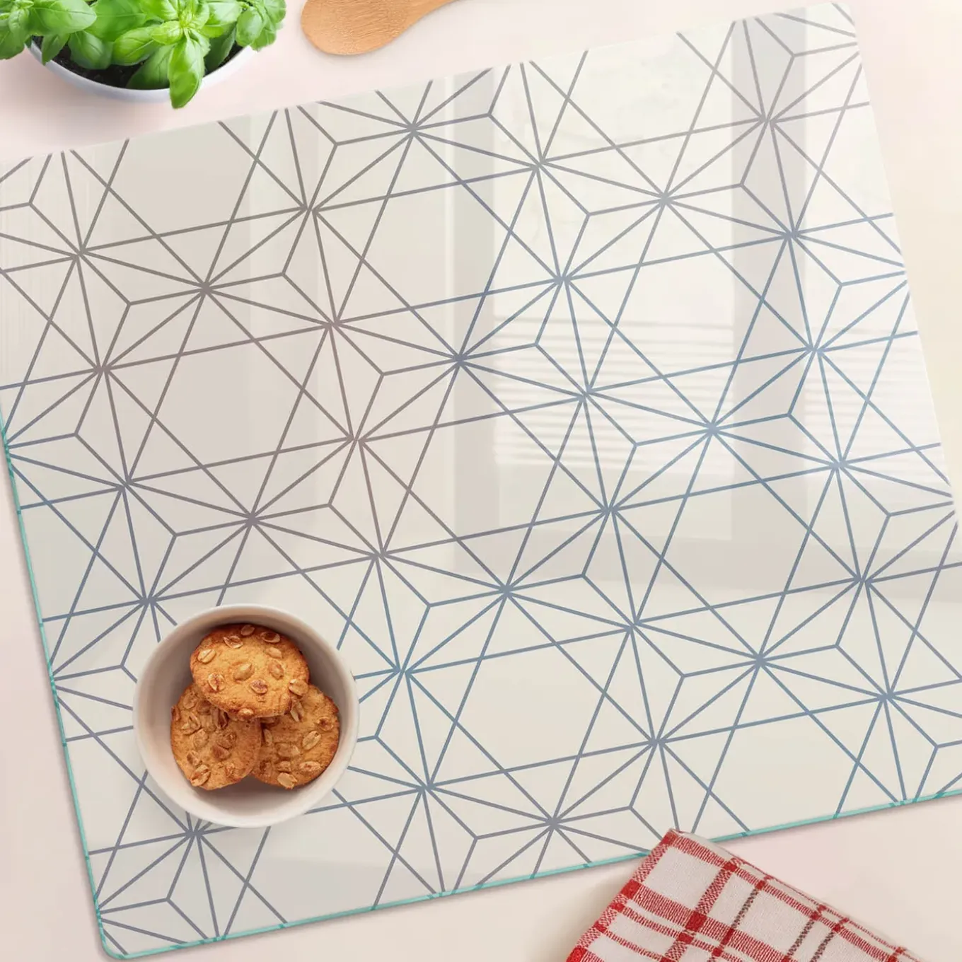 Tulup - Glazen Snijplank - Geometrische Figuren - Beige - 60x52 Cm - Keukenbenodigdheden - Dienblad