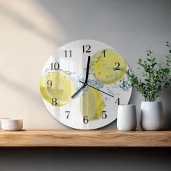 Tulup - Glazen Wandklok Design - Ronde - Citroenen - Geel - 30 - Zwarte Handen