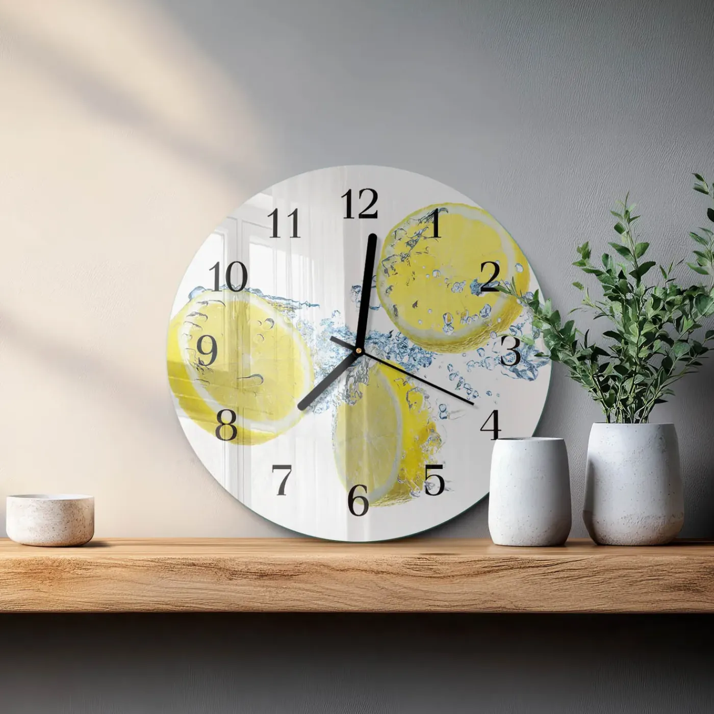 Tulup - Glazen Wandklok Design - Ronde - Citroenen - Geel - 30 - Zwarte Handen