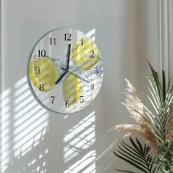 Tulup - Glazen Wandklok Design - Ronde - Citroenen - Geel - 30 - Zwarte Handen