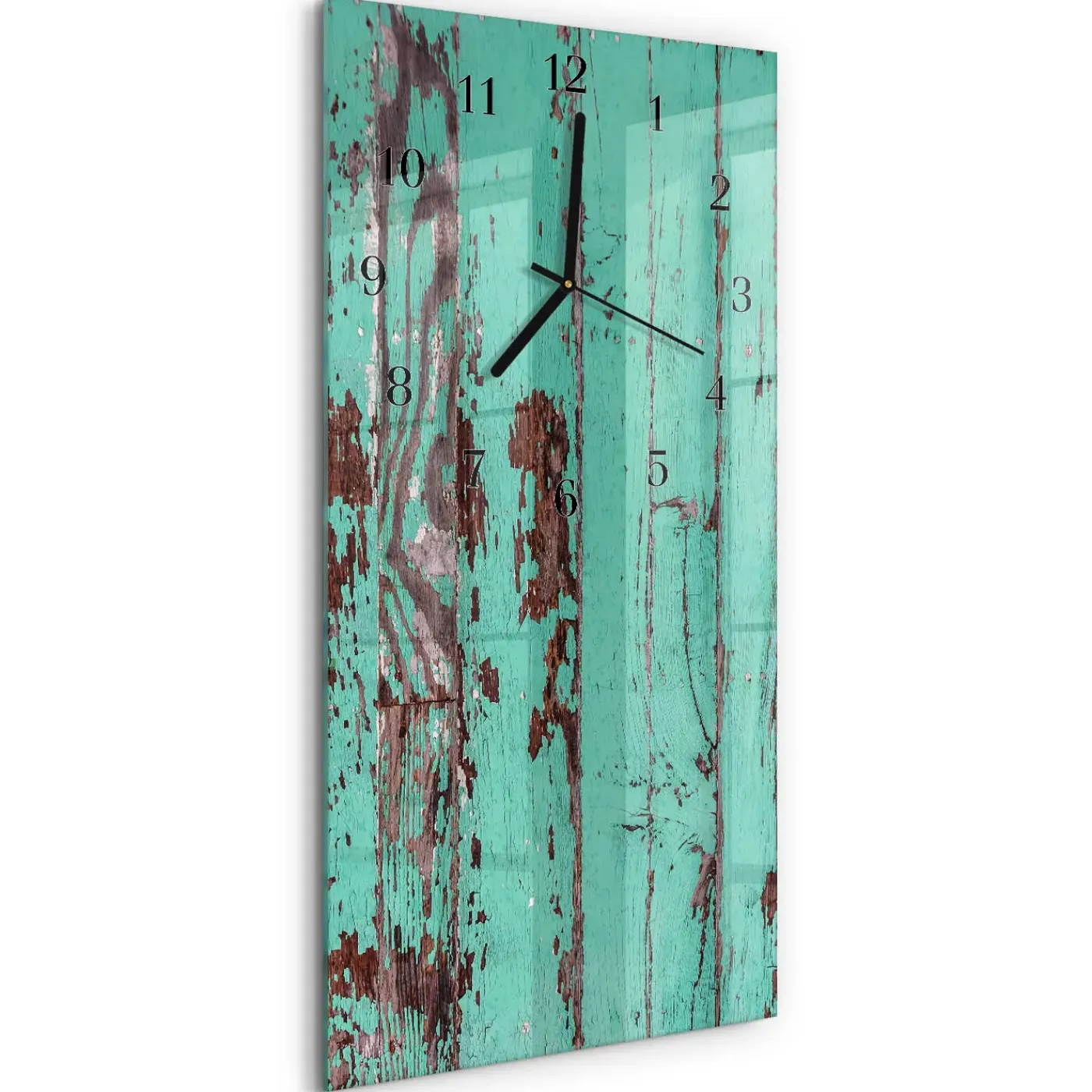 Tulup - Klok Glas Met Opdruk - Rechthoekige Verticaal - Houten Muur - Blauw - 30x60 - Zwarte Handen