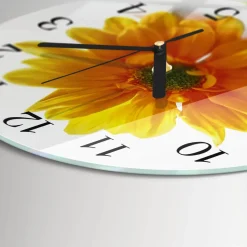 Tulup - Moderne Glazen Wandklok - Ronde - Bloem - Oranje - 30 - Zwarte Handen
