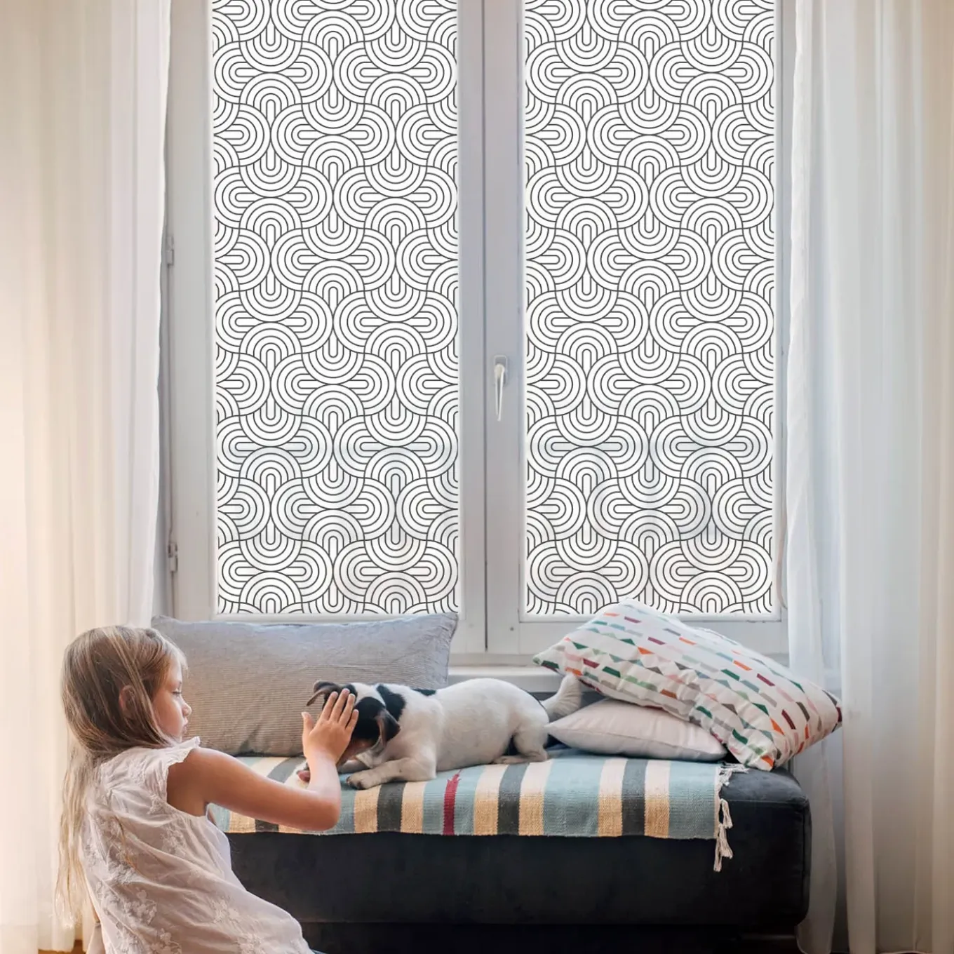 Tulup - Plakfolie Raam Glas In Lood - Geometrische Halve Cirkels - Zwart-wit - 100x116 Cm -