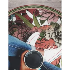 Tulup - Vloerkleed Vinyl - Rond - Rood - 150 Cm - Pvc Tapijt - Diverse Bloemen - Natuur