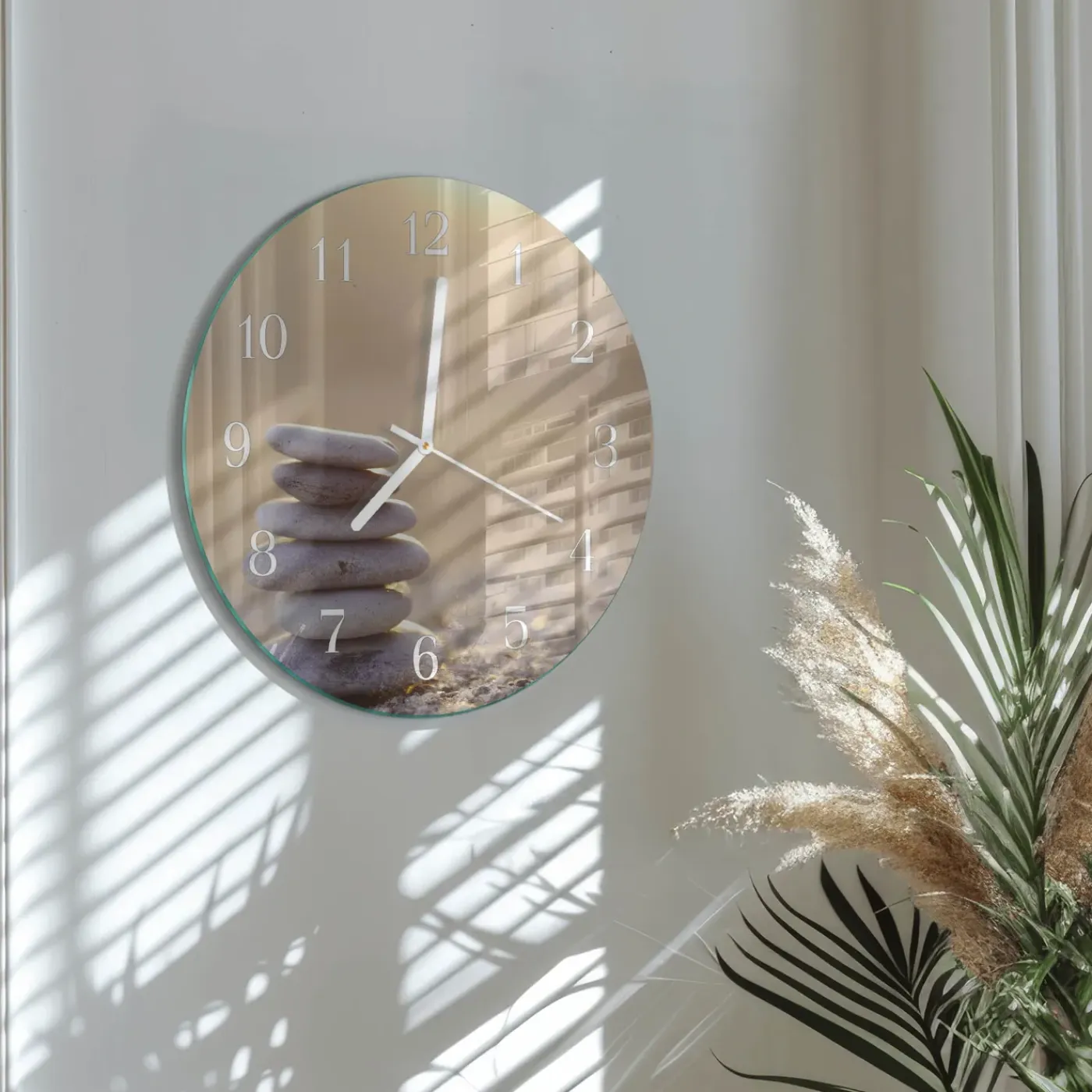 Tulup - Wandklok Glas Met Motief - Ronde - Stenen - Bruin - 30 - Witte Handen