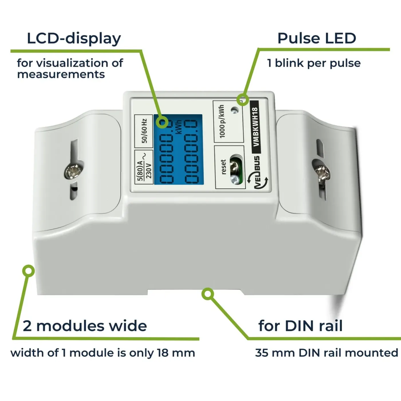 Velleman Energiemeter Din 1 Fase, Stroommeter, Kwh Meter Voor Din-railmontage