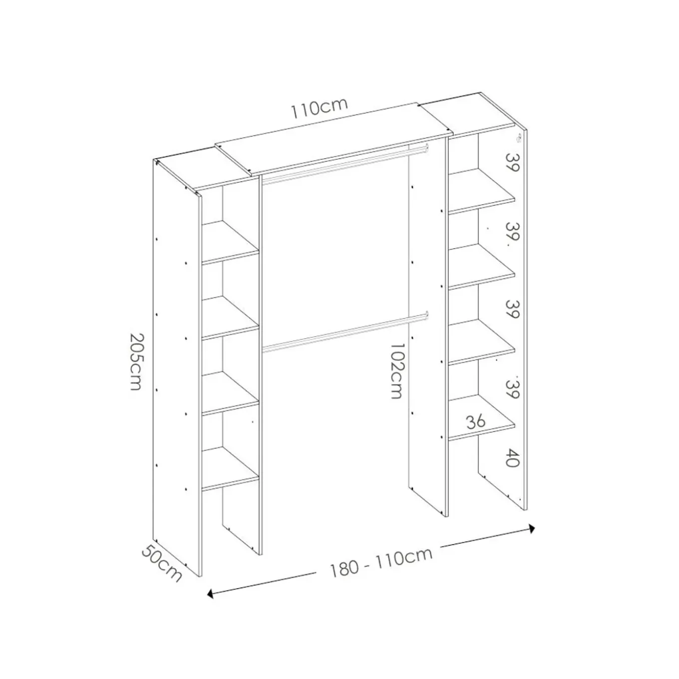 Vente-unique Open Kledingkast Dorian Grijs - L 110cm X B 50cm X H 205cm