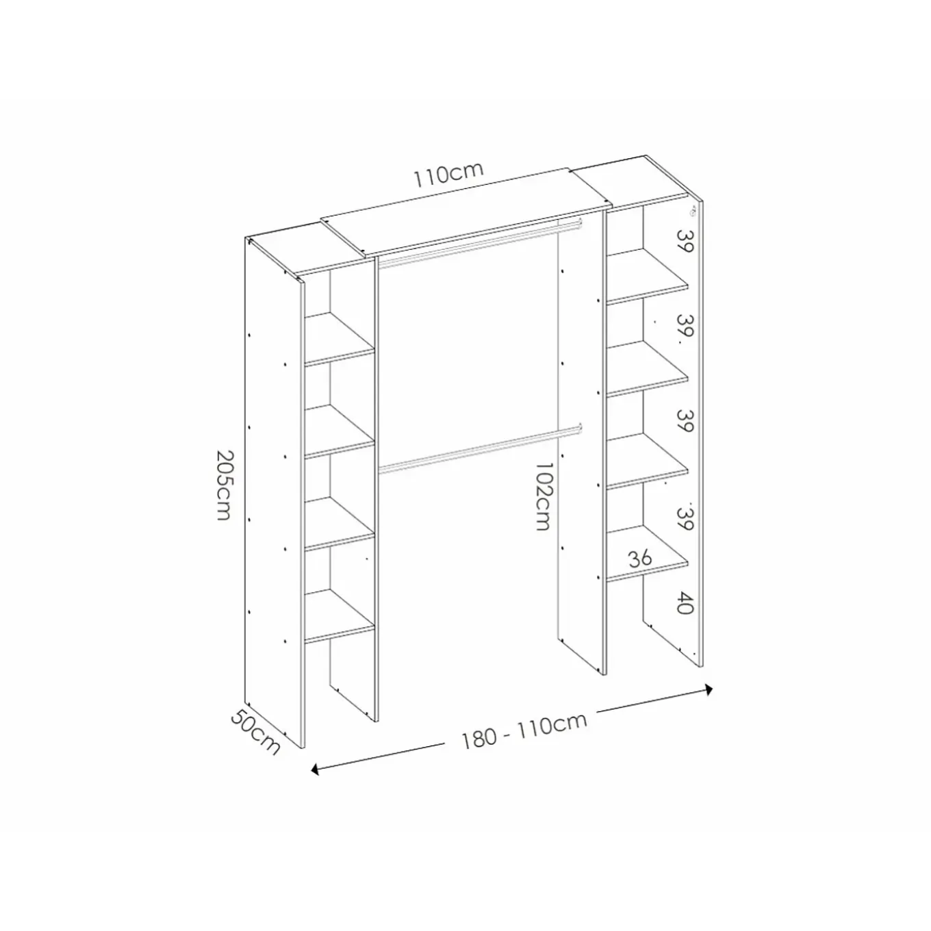 Vente-unique Open Kledingkast Dorian Grijs - L 110cm X B 50cm X H 205cm
