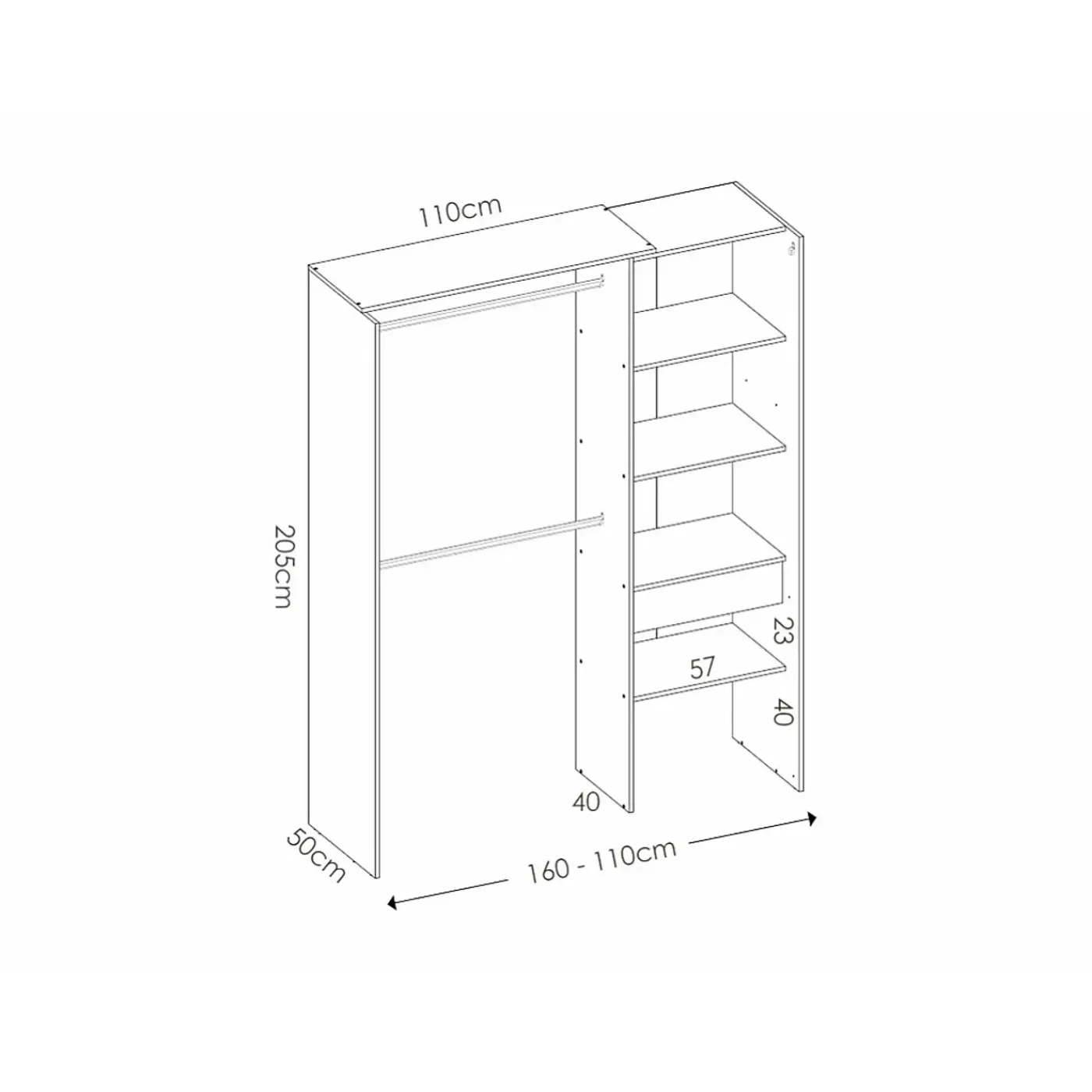 Vente-unique Open Kledingkast Laurent Antracietgrijs - L 110cm X B 50cm X H 205cm