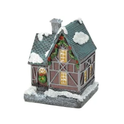 Verlicht Kersthuisje - Blauw Dak - Polystone - 13 Cm