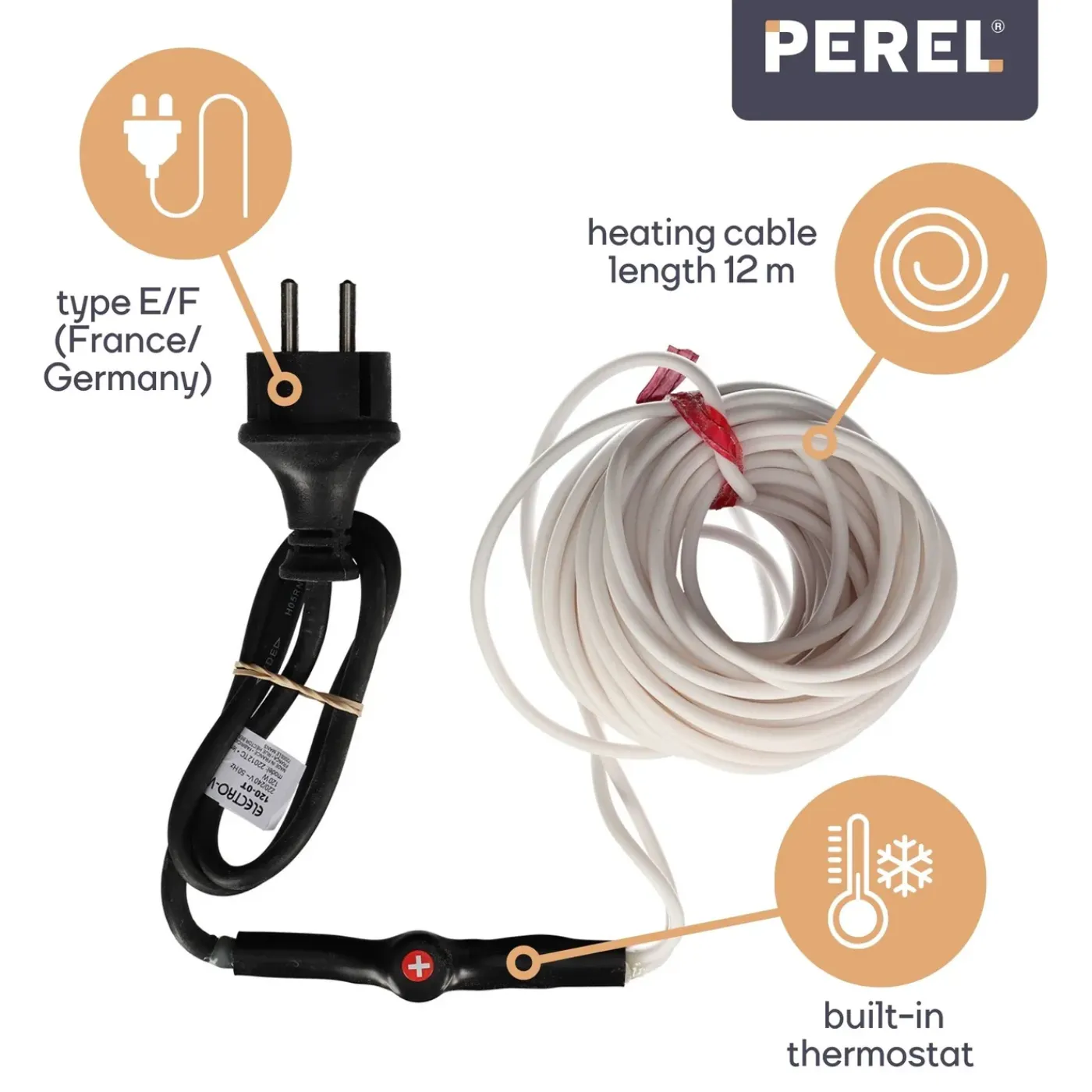 Perel Verwarmingskabel, Thermostaat, Voor Binnen En Buiten, 12 M, Wit, Pe (polyethyleen)