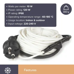 Perel Verwarmingskabel, Thermostaat, Voor Binnen En Buiten, 12 M, Wit, Pe (polyethyleen)
