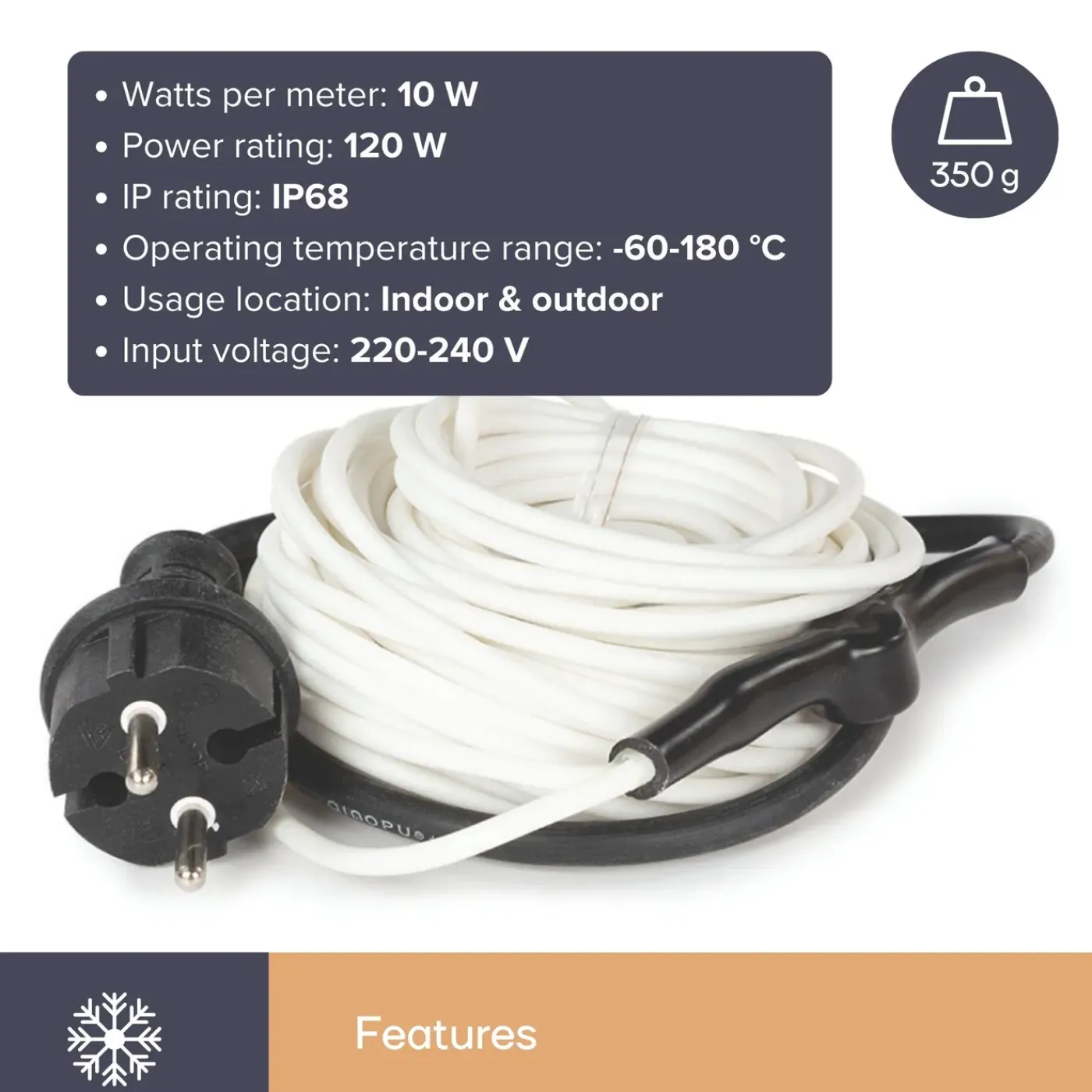 Perel Verwarmingskabel, Thermostaat, Voor Binnen En Buiten, 12 M, Wit, Pe (polyethyleen)