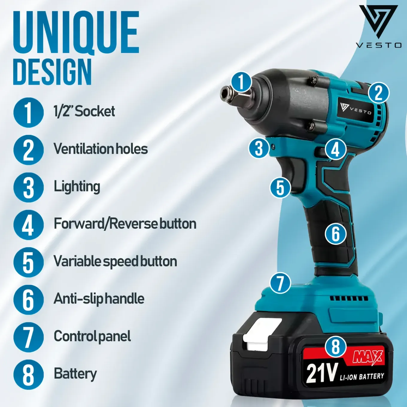 Vesto® Accu Slagmoersleutel 21v - Incl. 6x Moerdoppen - 2x Accu - 600nm - Slagschroevendraaier